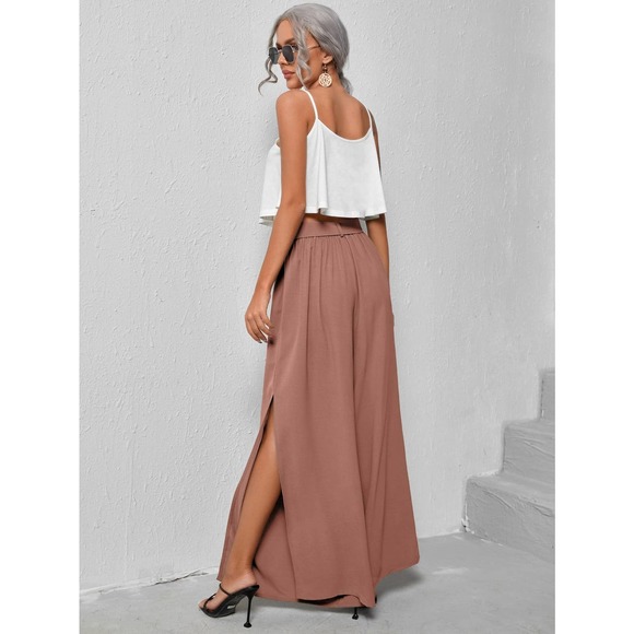 2 piece set: Cami crop Top & Belted Split thigh wide leg Pants hot pink - Picture 9 of 11